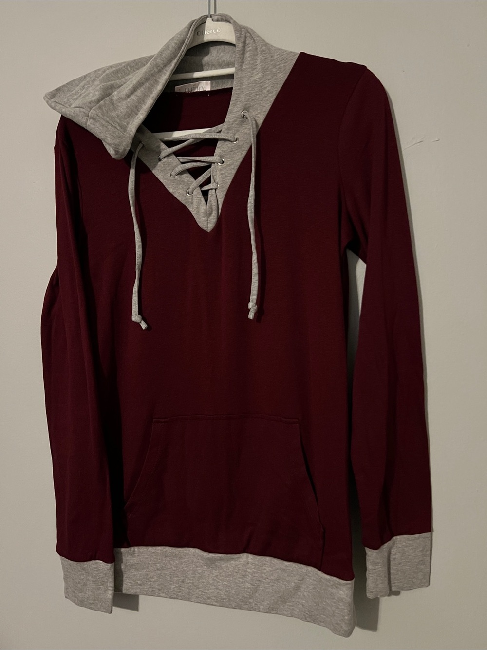 Women’s Size M Ya Ya Bay Lace-Up Hooded Pullover Sweatshirt - Burgundy & Gray